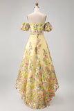 Off the Shoulder A-Line Yellow Tulle Embroidered Floral Wedding Guest Dress