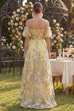 Off the Shoulder A-Line Yellow Tulle Embroidered Floral Wedding Guest Dress