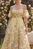 Off the Shoulder A-Line Yellow Tulle Embroidered Floral Wedding Guest Dress