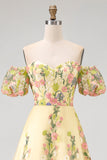 Off the Shoulder A-Line Yellow Tulle Embroidered Floral Wedding Guest Dress