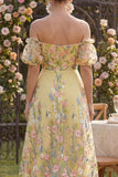 Off the Shoulder A-Line Yellow Tulle Embroidered Floral Wedding Guest Dress