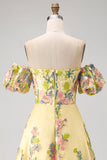 Off the Shoulder A-Line Yellow Tulle Embroidered Floral Wedding Guest Dress