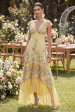 Tulle A-Line Yellow V-Neck Embroidered Floral Wedding Guest Dress