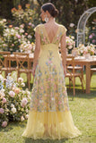 Tulle A-Line Yellow V-Neck Embroidered Floral Wedding Guest Dress