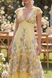 Tulle A-Line Yellow V-Neck Embroidered Floral Wedding Guest Dress