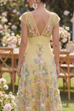 Tulle A-Line Yellow V-Neck Embroidered Floral Wedding Guest Dress