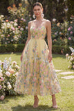 Tulle A-Line Yellow Embroidered Floral Midi Dress