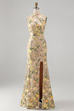 Mermaid Champagne Halter Neck Embroidered Long Floral Dress with Slit