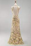 Mermaid Champagne Halter Neck Embroidered Long Floral Dress with Slit