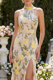 Mermaid Champagne Halter Neck Embroidered Long Floral Dress with Slit