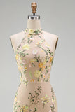 Mermaid Champagne Halter Neck Embroidered Long Floral Dress with Slit