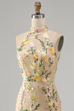 Mermaid Champagne Halter Neck Embroidered Long Floral Dress with Slit