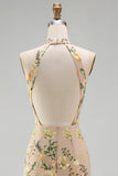 Mermaid Champagne Halter Neck Embroidered Long Floral Dress with Slit