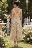 Tulle Champagne A-Line Embroidered V-Neck Midi Floral Dress