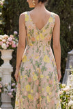 Tulle Champagne A-Line Embroidered V-Neck Midi Floral Dress