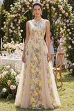 Champagne A-Line Tulle Bateau Neck Embroidered Long Floral Dress