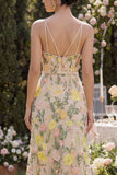 Mermaid Tulle Champagne Embroidered Long Floral Dress with Slit