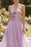 Strapless Lilac Tulle A-Line Embroidered Floral Midi Dress