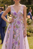 A-Line Lilac Tulle V-Neck Embroidered Midi Floral Dress
