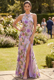 Mermaid Lilac Halter Neck Tulle Embroidered Long Floral Dress with Slit