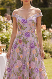 A-Line Off the Shoulder Lilac Tulle Embroidered Midi Floral Dress