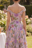 A-Line Off the Shoulder Lilac Tulle Embroidered Midi Floral Dress
