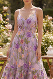 A-Line Lilac Tulle Embroidered Midi Ruched Floral Dress