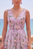 Lilac V-Neck Tulle A-Line Embroidered Floral Midi Dress