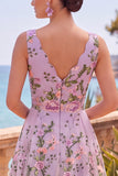 Lilac V-Neck Tulle A-Line Embroidered Floral Midi Dress