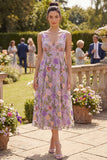 Lilac V-Neck Tulle A-Line Embroidered Floral Midi Dress