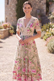 Blush V-Neck Tulle A-Line Embroidered Midi Floral Dress with Short Sleeves