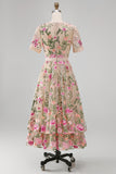 Blush V-Neck Tulle A-Line Embroidered Midi Floral Dress with Short Sleeves