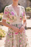 Blush V-Neck Tulle A-Line Embroidered Midi Floral Dress with Short Sleeves