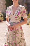 Blush V-Neck Tulle A-Line Embroidered Midi Floral Dress with Short Sleeves