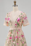 Blush V-Neck Tulle A-Line Embroidered Midi Floral Dress with Short Sleeves