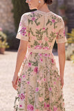 Blush V-Neck Tulle A-Line Embroidered Midi Floral Dress with Short Sleeves