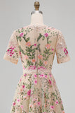 Blush V-Neck Tulle A-Line Embroidered Midi Floral Dress with Short Sleeves