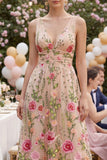 Tulle A-Line Blush V-Neck Embroidered Floral Midi Dress