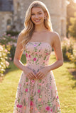 Tulle A-Line Blush Strapless Embroidered Floral Midi Dress