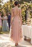 A-Line Tulle V-Neck Blush Embroidered Midi Floral Dress