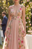 A-Line Tulle V-Neck Blush Embroidered Midi Floral Dress
