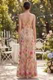 Tulle V-Neck Blush A-Line Embroidered Long Floral Dress