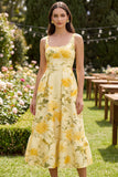 Floral Yellow Butter Square Neck A Line Midi Wedding Guest Dress