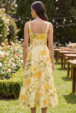 Floral Yellow Butter Square Neck A Line Midi Wedding Guest Dress