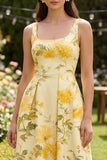Floral Yellow Butter Square Neck A Line Midi Wedding Guest Dress
