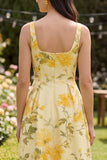 Floral Yellow Butter Square Neck A Line Midi Wedding Guest Dress