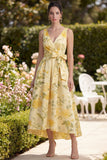 Yellow Floral Butter V-Neck Ruched A Line Maxi Wedding Guest Dress with Bow