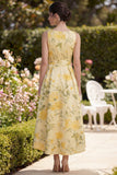 Yellow Floral Butter V-Neck Ruched A Line Maxi Wedding Guest Dress with Bow