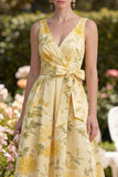 Yellow Floral Butter V-Neck Ruched A Line Maxi Wedding Guest Dress with Bow