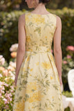 Yellow Floral Butter V-Neck Ruched A Line Maxi Wedding Guest Dress with Bow